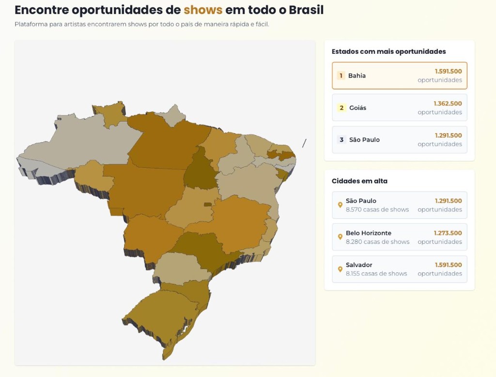 Mapa 3D do Brasil com estados e cidades com mais oportunidades de shows